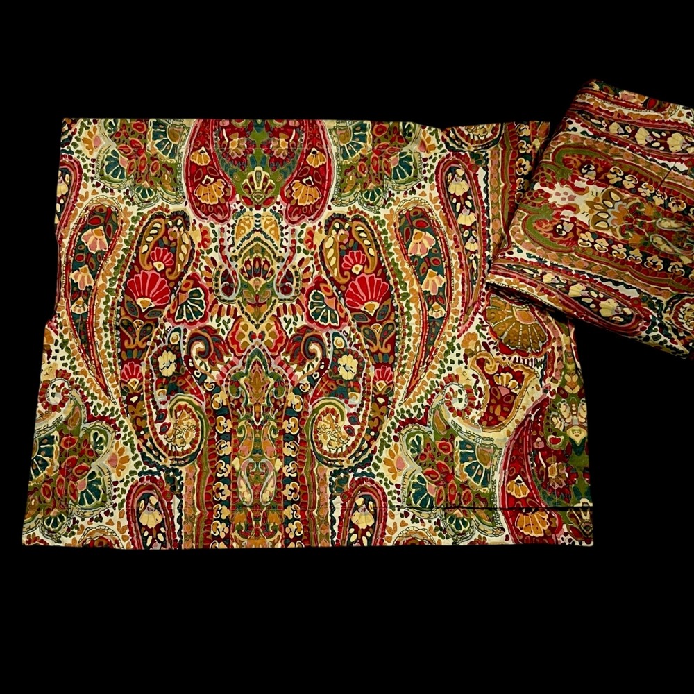 2 Pottery Barn Rosalie‎ Red Paisley Floral Pillow Shams 100% Cotton